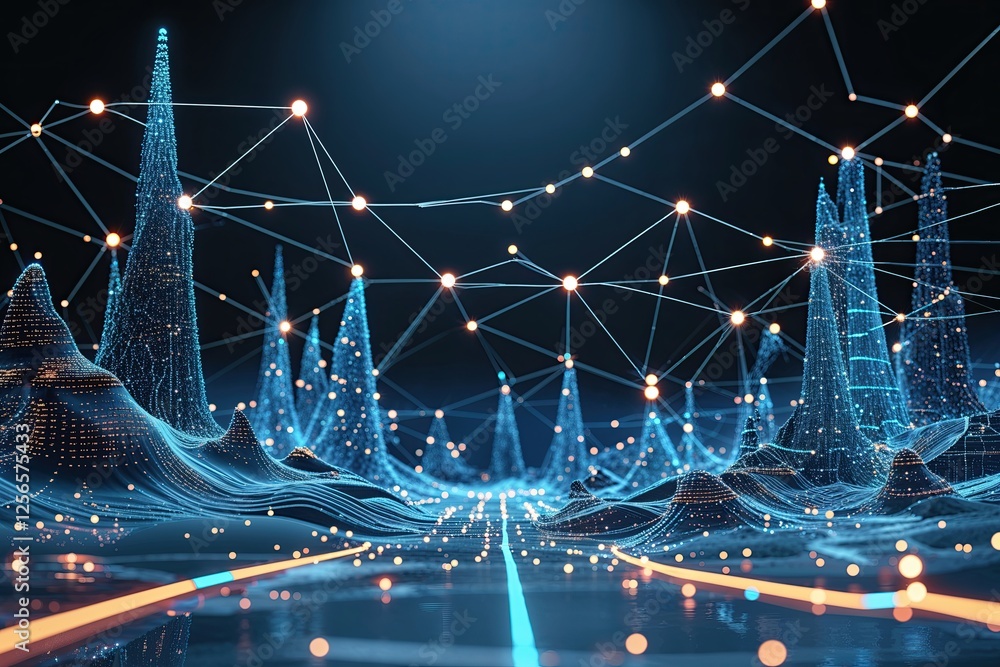 Aufkleber futuristic digital landscapes featuring lines and dots as connection symbols to enhance big data und