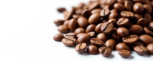 Fototapeta premium Freshly roasted coffee beans on white background, whole, roast