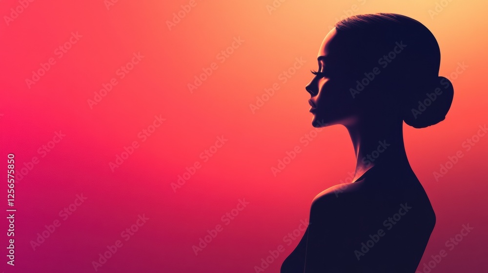Poster silhouette of a model against a glowing sunset backdrop in a minimalist style with text space. gener