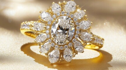 Oval-cut engagement ring sparkling under soft golden light.