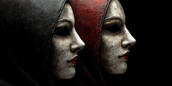 Two theatrical masks in dark tones and worn textures, evoking a mysterious carnival. Generated with AI