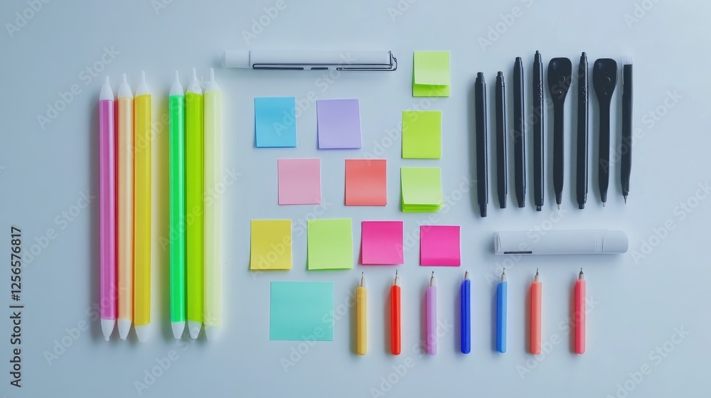 Poster set of highlighters and sticky notes arranged in a neat color-coded order.