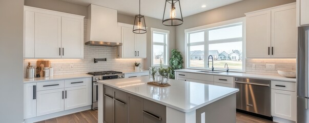 Modern white kitchen with large island and stainless steel appliances in spacious home interior