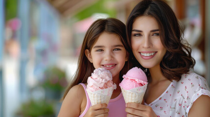 A joyful moment as a mother and daughter savor delicious ice cream at a pastry shop, sharing smiles and laughter.