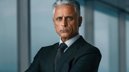 Fototapeta premium A young businessman stands confidently in a modern office, embodying success and professionalism.