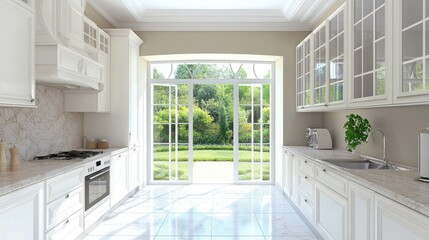 Fototapeta premium Spacious kitchen with marble countertops, modern appliances, and natural light.