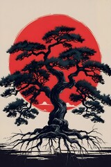 Fototapeta premium Ancient Dark Tree with Gnarled Branches and a Striking Red Sun in Traditional Sumi e Ink Style