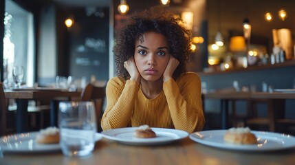 Displeased diner facing long wait times for food. Featuring a restaurant table with empty plates