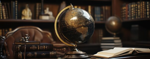 Antique globe and books in elegant library ambiance