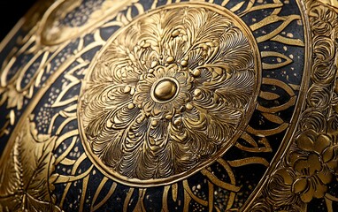 Close-up of ornate golden shield with intricate carvings.