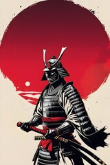 Naklejka premium Lone Samurai Warrior Holding a Katana with a Red Sun in Traditional Japanese Ink Brush Style