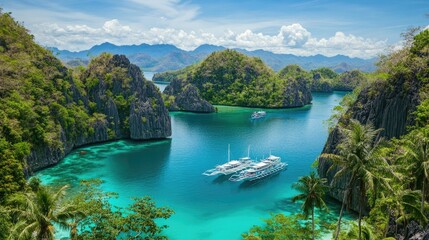 Obraz premium Tropical island with lush palm trees and bright blue waters.