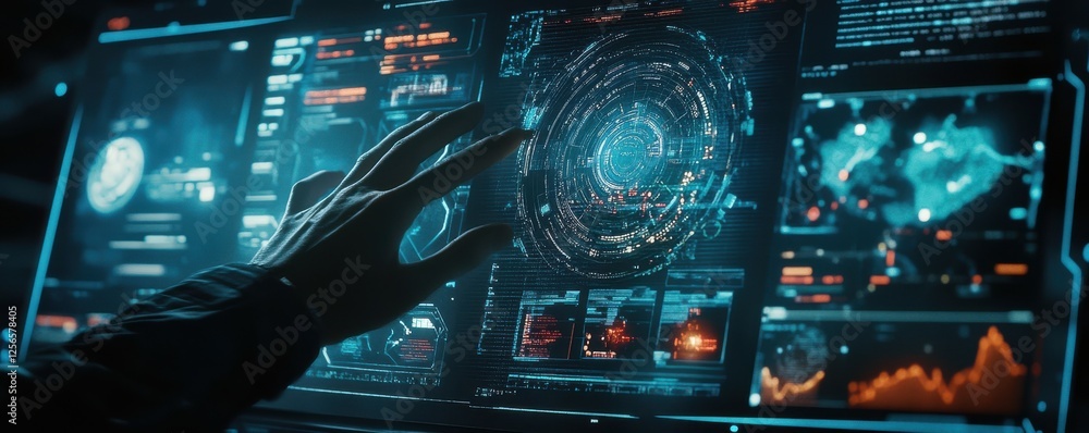 Poster futuristic touchscreen interface with digital data and cybersecurity elements