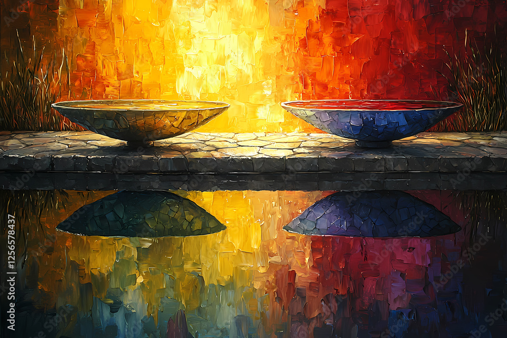 Poster a geometric abstract painting with a vibrant color palette, featuring a perfect balance of circles a