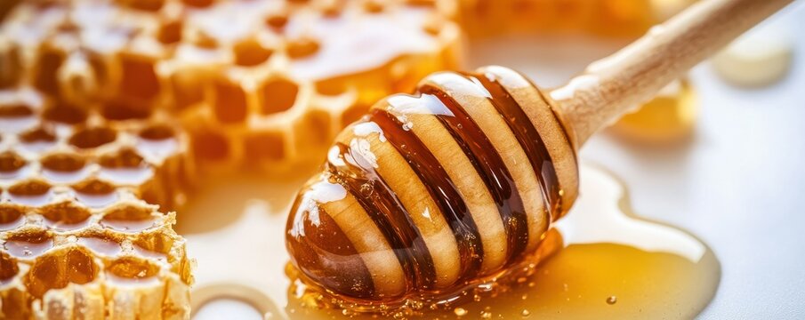 Golden honeycomb with wooden dipper and flowing honey