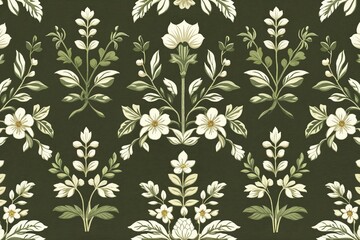 Seamless Woven Texture of Olive Green and Cream with Botanical Details for Inviting Home Decor