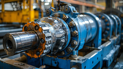 Obraz premium Close-up of the heavy machinery at work in an ironworks facility, showcasing the smooth textures of the metal and the mechanical precision.