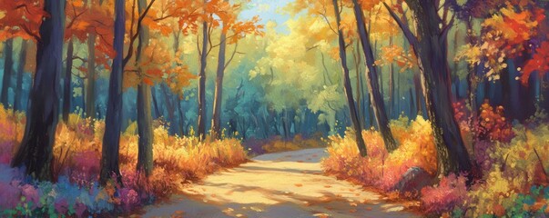 Fototapeta premium Vibrant autumn forest path with colorful foliage and sunlit trees