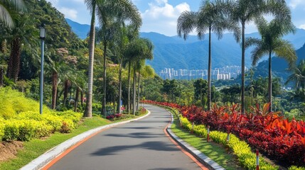 Obraz premium A long, straight cycling path bordered by safety barriers and lush green grass.