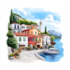 Colorful coastal village with charming houses and serene blue water on a sunny day