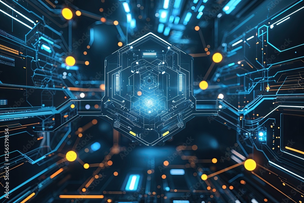 Poster futuristic digital abstract background with interlinked hexagonal motifs and tech connections