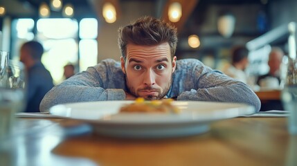 Displeased diner with poor service quality. Featuring an empty plate at a table