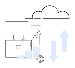 Briefcase near clouds, graph arrows rising and falling, stacks of coins, and a dollar sign. Ideal for business strategy, financial planning, cloud services, investment growth, data analysis economic