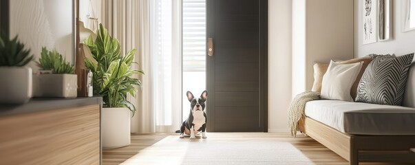 Cozy minimalist living room with dog and sunlit decor