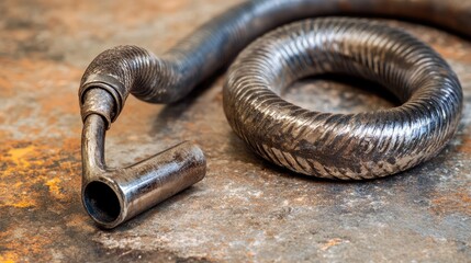 A metal plumbing snake tool neatly coiled on a kitchen countertop beside an open pipe.