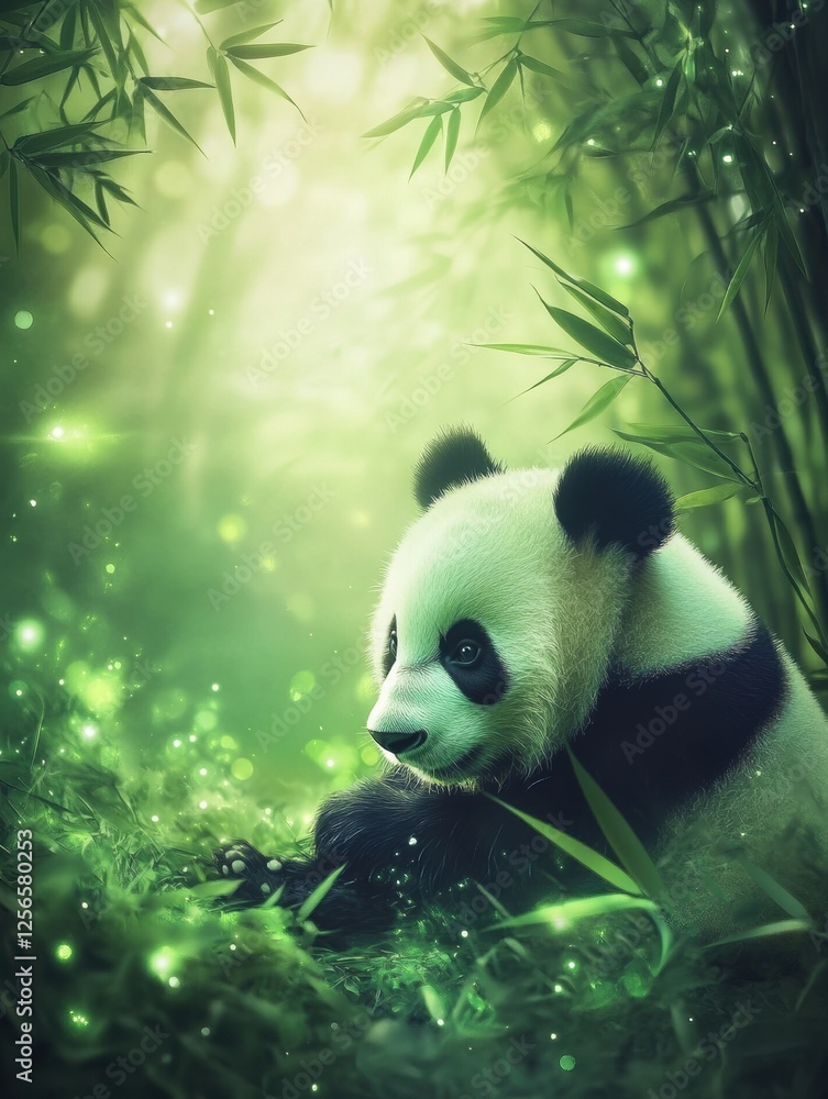 Aufkleber panda rests in serene bamboo forest surrounded by gentle light and greenery in a tranquil natural ha