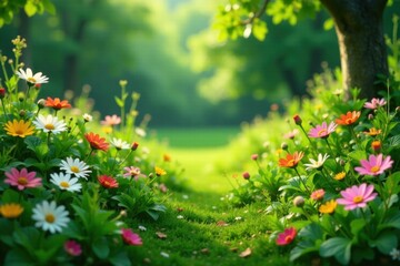 Obraz premium Leafy greens and wildflowers in a rustic setting, earthy, natural