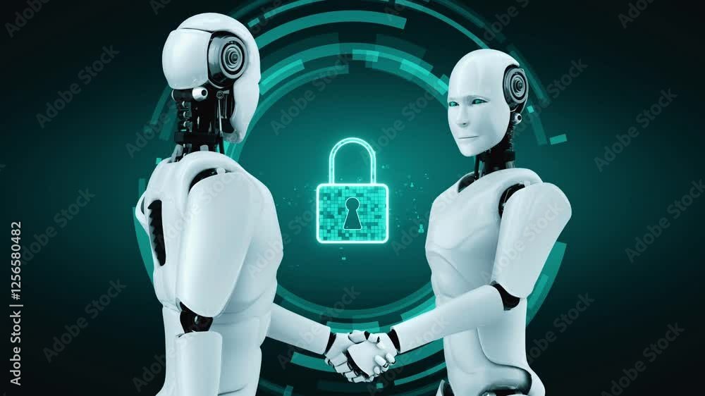 Poster ai robot huminoid uses cloud computing technology to store data on online server . futuristic concep