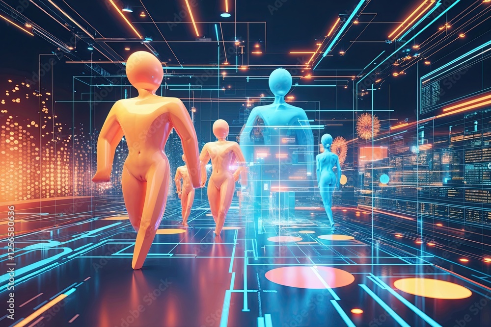Poster innovative abstract technology landscape featuring interconnected figures and digital data visualiza