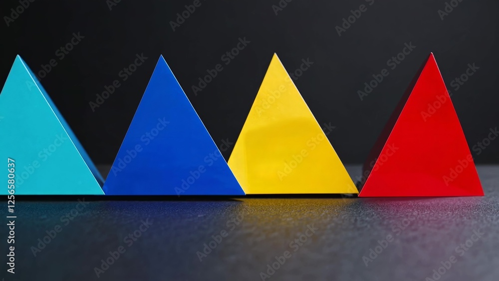 Poster four colorful triangles, resembling pyramids, are arranged on a black surface, creating a vibrant an