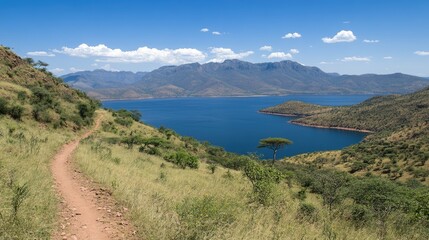 Obraz premium A narrow dirt path through lush, untouched wilderness, leading to the dam's edge.