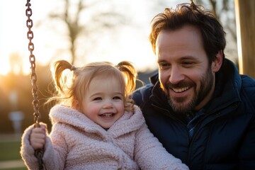 Obraz premium A delighted father pushes his smiling daughter on a swing during sunset, capturing a beautiful moment of bonding and joy in an outdoor setting.