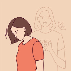 Depressed woman with a faint joyful version of herself behind. Contrasting emotions depicted.