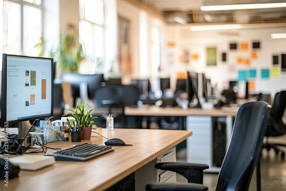 Poster modern, open-plan office workspace with empty desks, ready for productivity and collaboration