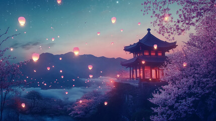 Obraz premium Serene Evening Scene with Traditional Pavilion, Floating Lanterns, Cherry Blossoms, and Majestic Mountains in Twilight Glow