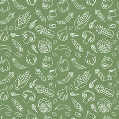 Seamless vegetables pattern. Hand-Drawn white linear vegetables on green background. Used for poster, packaging, culinary designs. Vector illustration.