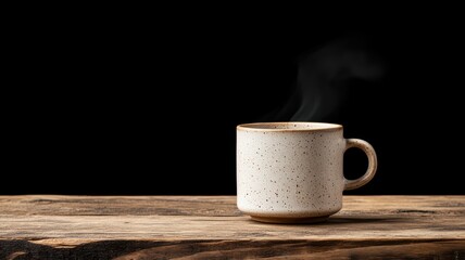 Cozy ceramic mug with steaming hot drink on rustic wood against a dark background