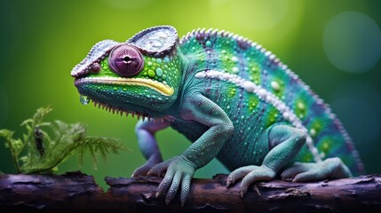 Obraz premium A colorful chameleon perches on a lush green backdrop, showcasing its vibrant hues in stunning detail.
