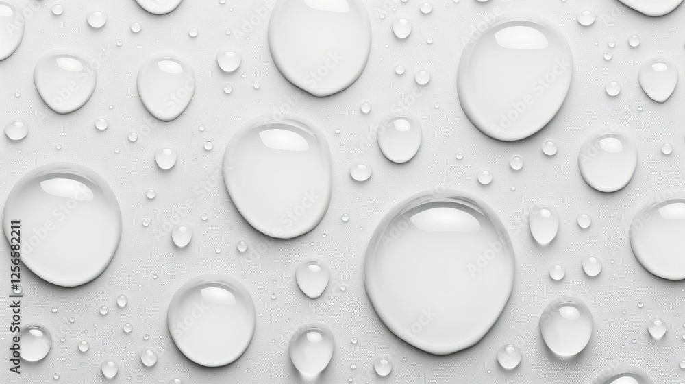 Poster glimmering water droplets rest on a bright white backdrop, creating a serene and refreshing visual e