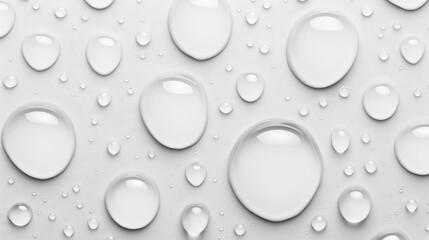 Glimmering water droplets rest on a bright white backdrop, creating a serene and refreshing visual effect.
