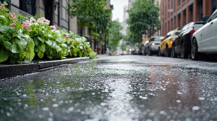 Rainy city street, puddles reflecting light, parked cars, flowers