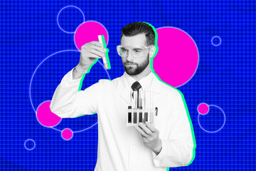 Exclusive art banner collage of serious laboratory man hold flask glass tube science laboratory vaccine invention healthcare