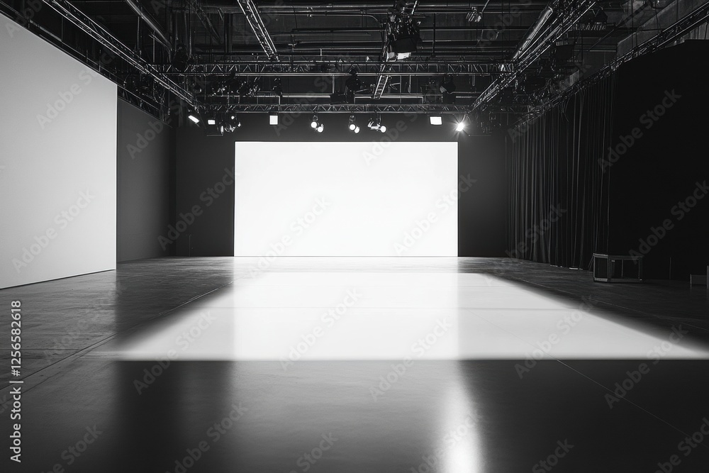 Poster minimalist runway with clean lines and soft lighting in a monochromatic setting for an upcoming fash
