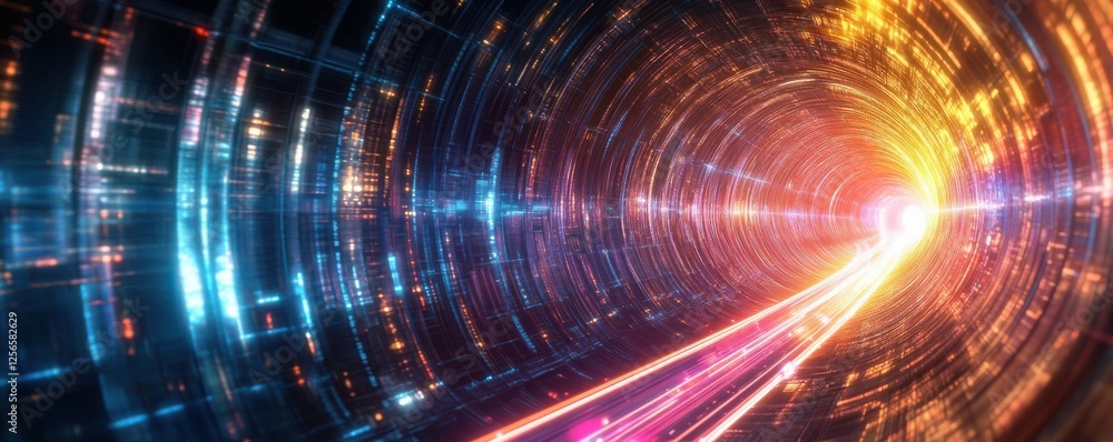 Poster futuristic tunnel with neon lights and dynamic energy flow in a vortex