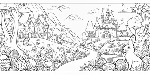 Easter-Themed Coloring Page Featuring Fantasy Landscape and Decorative Eggs