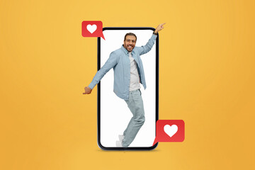 A person stands excitedly inside a large smartphone, engaging with love-themed messages. The bright yellow background enhances the playful vibe of modern dating and connection.